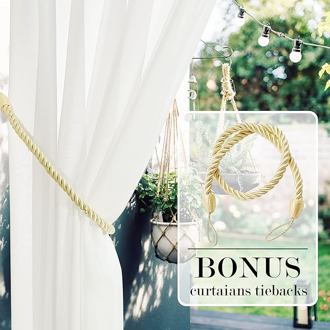 RYB HOME Detachable Tab Top Outdoor Sheer Curtain Privacy Outdoor Indoor Curtain for Patio Door Gazebo Porch Lanai Pavilion Canopy Bed Beach, Beige, 1 Rope, W 54 x L 96 inches Long