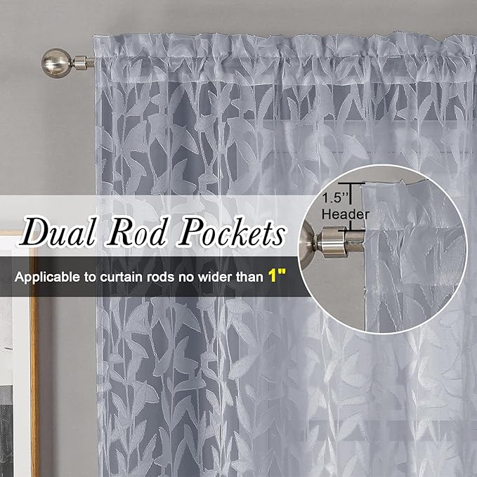 Lecloud Leia Light Grey Sheer Curtains 54 Inch Length 2 Panels, Light Reducing Jacquard Textured Leaf Voile Bedroom Curtains, Gauzy Clip Short Drapes with Dual Rod Pocket, 40 W x 54 L