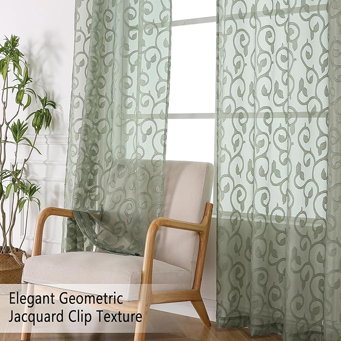 OWENIE Furman Sheer Sage Green Curtains 90 inches Long for Bedroom Living Room 2 Panels Set, Light Filtering Soft Semi Sheer Jacquard Clip Farmhouse Curtains Rod Pocket Design, Each 52Wx90L inch