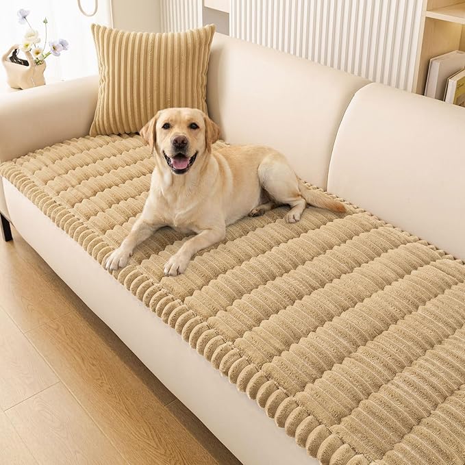 Smiry Couch Cover for Dogs Washable, Non Slip Fuzzy Pet Couch Covers for 3 Cushion Sofa Pet Friendly, Thick Soft Sofa Slipcovers Cushion Protector (Camel, 27.6" x 27.6")