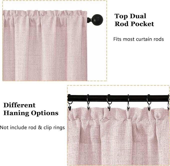 OWENIE Blush Pink Valances for Windows 1 Pcs 22 Inch Length, Light Filtering Textured Short Small Valance Curtains for Bathroom Basement Living Room, Half Window Curtains Over Sink, 60" W by 22" L