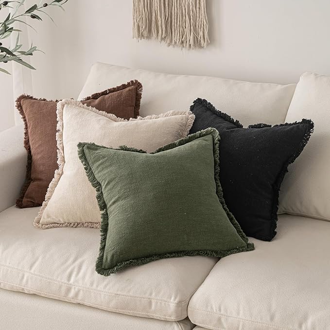 MIULEE Decorative Throw Pillow Covers Neutral Linen Fringe Throw Pillows Euro Shams Set of 2 Black Boho Farmhouse Cushion Covers for Couch Sofa Bed Living Room Spring Home Decor 24x24 Inch