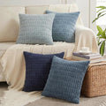 Fancy Homi Set of 4 Blue Decorative Throw Pillow Covers 20x20 Inch for Couch Bed Chair, Modern Farmhouse Boho Room Decor, Soft Fuzzy Corduroy Textured Striped Coastal Blue Cushion Case 50cm