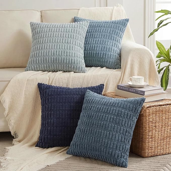 Fancy Homi Set of 4 Blue Decorative Throw Pillow Covers 18x18 Inch for Couch Bed Chair, Modern Farmhouse Boho Room Decor, Soft Fuzzy Corduroy Textured Striped Coastal Blue Cushion Case 45cm