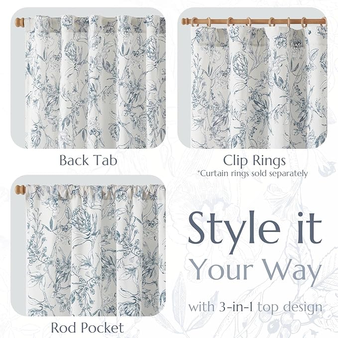 jinchan Floral Curtains 90 Inch Length Blue Flower Linen Farmhouse Curtain for Living Room French Country Vintage Curtain Rod Pocket Curtains Set 2 Panels Blue Floral Printed