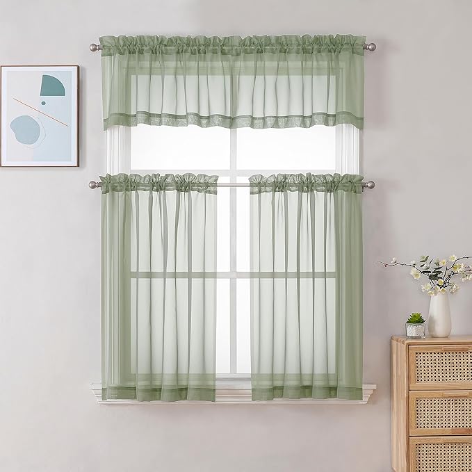 Gwine Sage Green Valances for Windows, Small Light Filtering Rod Pocket Cafe Valance Curtains, Soft Sheer Curtain for Bathroom Laundry Basement, 42Wx14L inch, 2 Pieces