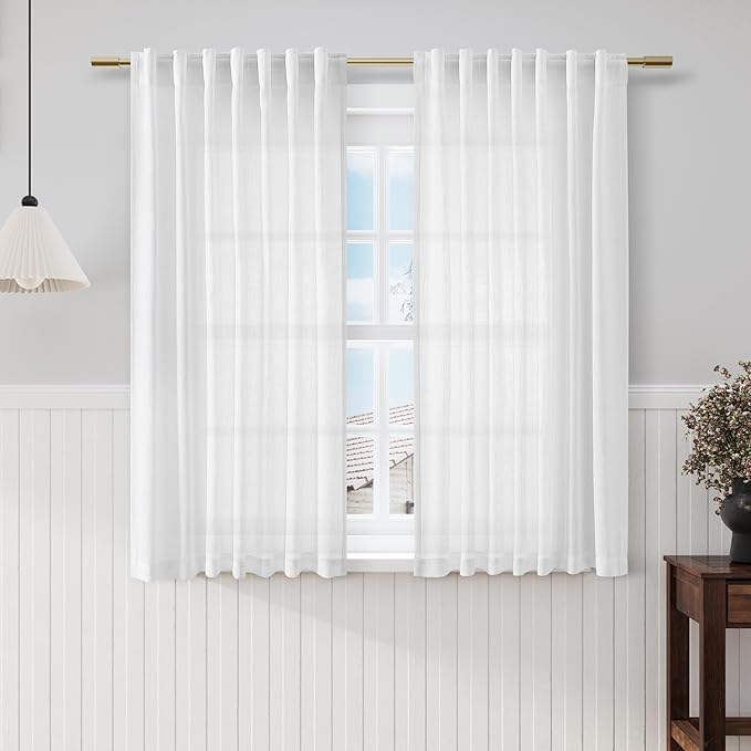 Off White Linen Sheer Curtains 54 Inch Length 2 Panel Set Back Tab Pocket Semi Sheer Light Filtering Short Curtain Soft Elegant Aesthetic Small Window Drapes for Bathroom 52x54 inches Long