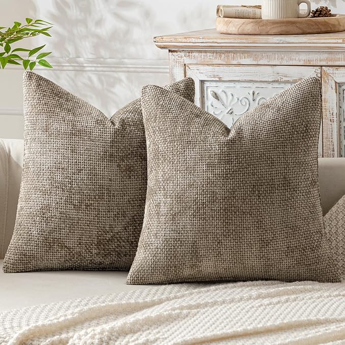 MIULEE Pack of 2 Euro Sham Pillow Covers 24x24 Inch Neutral Khaki Modern Boho Accent Decorative Throw Pillow Covers Soft Chenille Farmhouse Cushion Covers for Home Decor Couch Bed Sofa Living Room