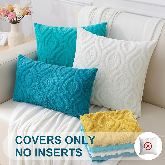 decorUhome Summer Throw Pillow Covers 12x20 Inch Set of 2, Soft Plush Faux Wool Turquoise Solid Couch Pillow Covers, Accent Farmhouse Neutral Rectangle Pillow Cases for Sofa Bed Living Room