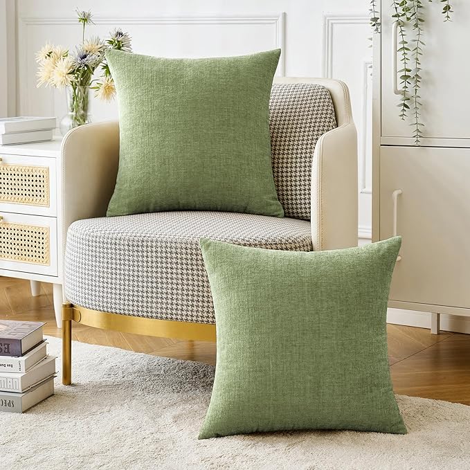 MIULEE Pack of 2 Couch Throw Pillow Covers 16x16 Inch Soft Sage Green Spring Chenille Pillow Covers for Sofa Living Room Solid Dyed Pillow Cases