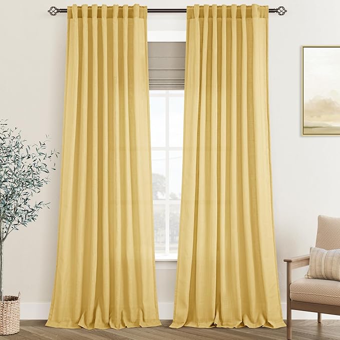 Gold Curtains for Living Room Back Tab Modern Farmhouse Semi Sheer Curtains 90 inches Long 2 Panels Set Muted Neutral Window Curtain for Dining Room Bedroom 52x90