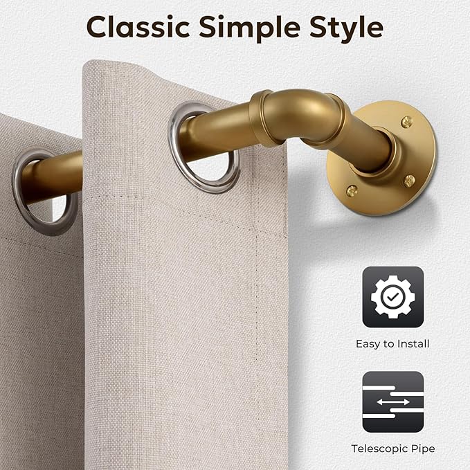Zeerobee Curtain Rods for Windows 66 to 120, 1 Inch Industrial Wrap Around Warm Gold Curtain Rod, Indoor/Outdoor Room Divider Adjustable Drapery Pole, 66"-120"