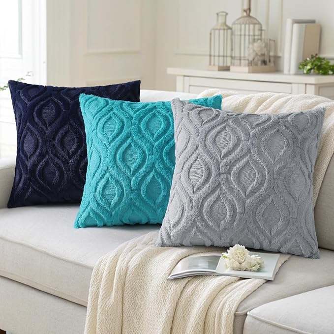 decorUhome Summer Throw Pillow Covers 16x16 Inch Set of 2, Soft Plush Faux Wool Navy Blue Solid Couch Pillow Covers, Accent Farmhouse Neutral Square Pillow Cases for Sofa Bed Living Room