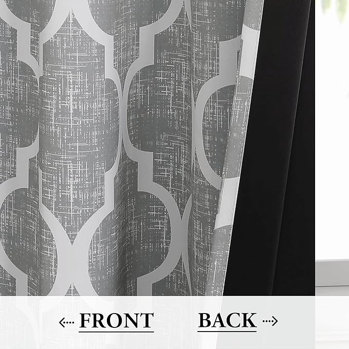 Beauoop 100% Blackout Curtains 63 Inches Long 2 Panels for Bedroom Living Room Grey Moroccan Geo Room Darkening Thermal Insulated Soundproof Rod Pocket Back Tab Window Treatments Drapes, 50x63