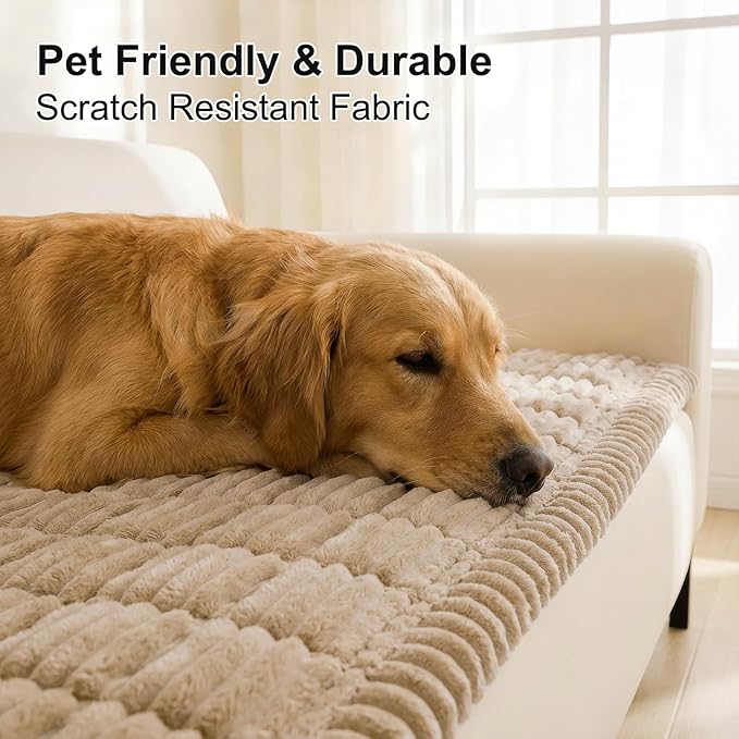 Smiry Couch Cover for Dogs Washable, Non Slip Fuzzy Pet Couch Covers for 3 Cushion Sofa Pet Friendly, Thick Soft Sofa Slipcovers Cushion Protector (Khaki, 27.6" x 82.7")