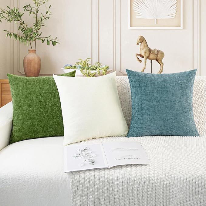 CaliTime Throw Pillow Covers Decorative 18 X 18 Inches Pack of 4 Cozy Chenille Cushion Cases for Couch Sofa Bed Living Room Home Forest Green