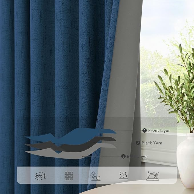 Navy Blue Linen Textured Blackout Curtains 72 Inches Long for Bedroom Nursery Room Darkening Thermal Insulating Window Black Out Nautical Curtains for Living Room Door Back Tab 72 Length 2 Panels Set