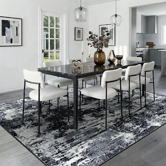 Washable Area Rugs 5'x7' Non-Slip Modern Abstract Soft for Living Room Entryway Bedroom Nursery, Print Pattern, Black Navy Blue Gray