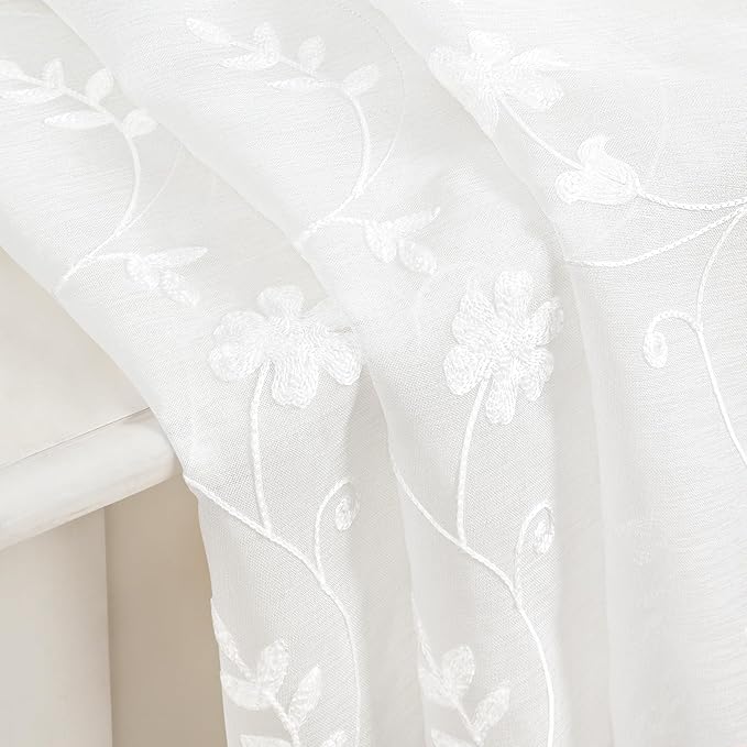 HOMEIDEAS White Sheer Curtains 63 Inch Length 2 Panels White Embroidered Floral Pattern Semi Sheer Window Curtains for Bedroom Living Room