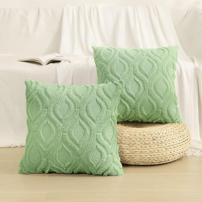 decorUhome Summer Throw Pillow Covers 22x22 Inch Set of 2, Soft Plush Faux Wool Light Sage Green Solid Couch Pillow Covers, Accent Euro Sham Farmhouse Square Pillow Cases for Sofa Bed Living Room