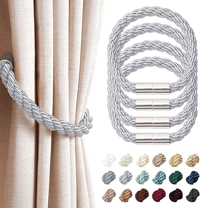 NICEEC 4 Pack Strong Magnetic Curtain Tiebacks Modern Simple Style Drape Tie Backs Convenient Decorative Weave Rope Curtain Holdbacks for Thin or Thick Home & Office Window Draperies (Light Grey)
