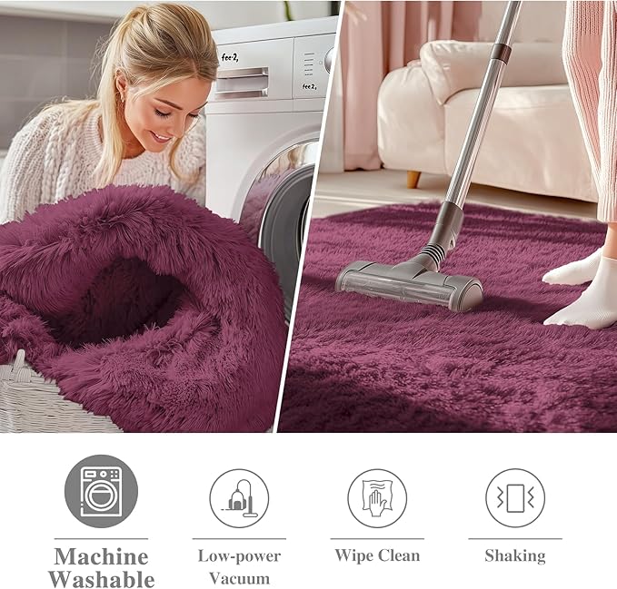OLANLY Burgundy Round Rugs for Bedroom - Machine Washable, 2 ft Circle Area Rugs for Living Room, Soft and Fluffy Shaggy Carpet for Teen Girls and Boys, Nursery Rooms, Dorms, Home Decor Aesthetic
