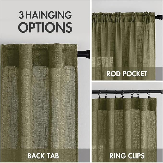 MIULEE Light Olive Green Linen Curtains 108 Inches Long 2 Panels for Bedroom Living Room, Soft Linen Textured Natural Window Drapes Semi Sheer Light Filtering Back Tab Rod Pocket Burlap Look Decor