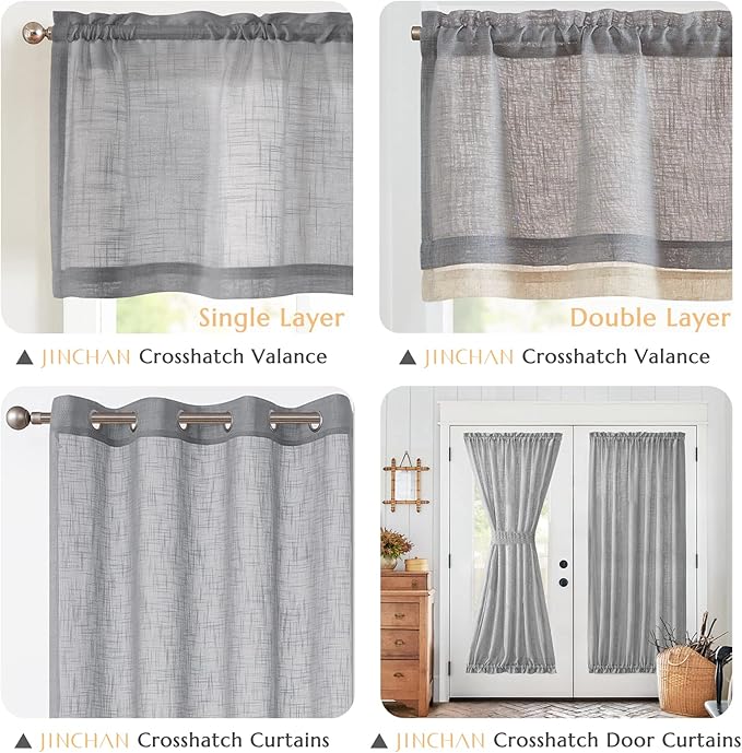 jinchan Linen Farmhouse Valances for Living Room Windows 16 Gray Inch Slubbed Crossed Double Layer Window Valances Light Filtering Rustic Country Overlay Rod Pocket 2 Panels Grey