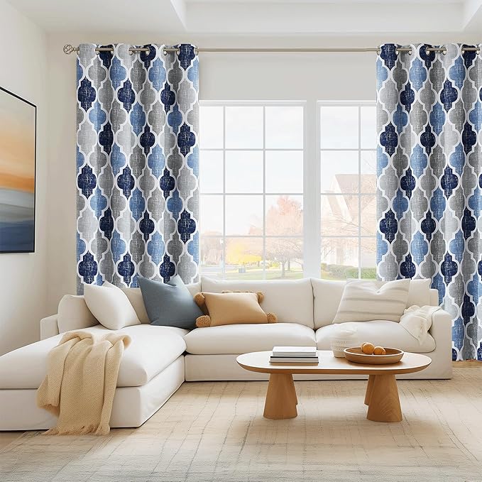 Beauoop 100% Blackout Curtains 108 Inches Long 2 Panels for Bedroom Living Room Blue Grey Moroccan Geo Room Darkening Thermal Insulated Soundproof Grommet Top Window Treatments Drapes, 50x108 Set of 2