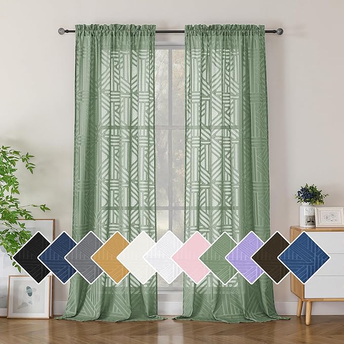 Simplebrand Sage Green Semi Sheer Curtains 96 Inches Long 2 Panels, Light Filtering Geometric Jacquard Clip Textured Sheer Curtains for Living Room，Modern Elegant Window Curtains Drapes，42x96 inch