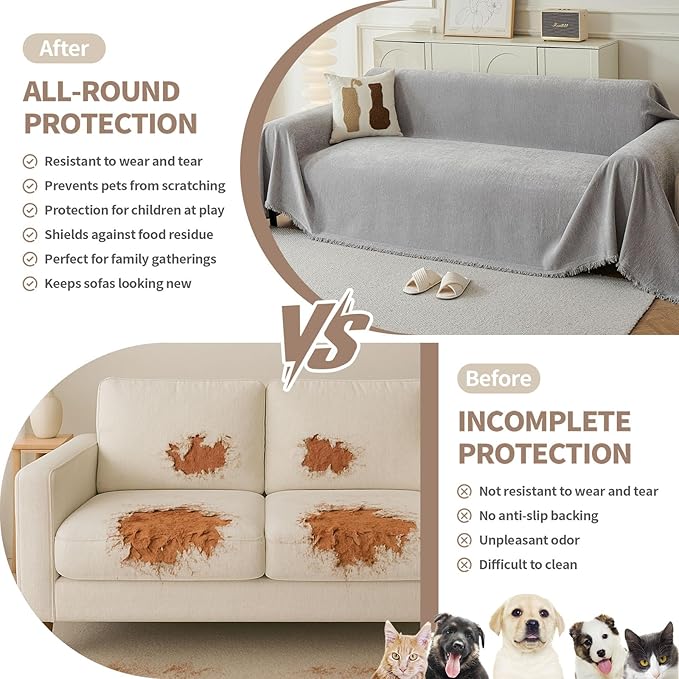 Couch Cover for Dogs, Boho Sofa Covers for 2 Cushion Couch, Chenille Sofa Slipcover for Pets Washable, L-Shape Sectional Couch Loveseat Cover Soft Throw Blankets with Tassels(71x102,Grey)