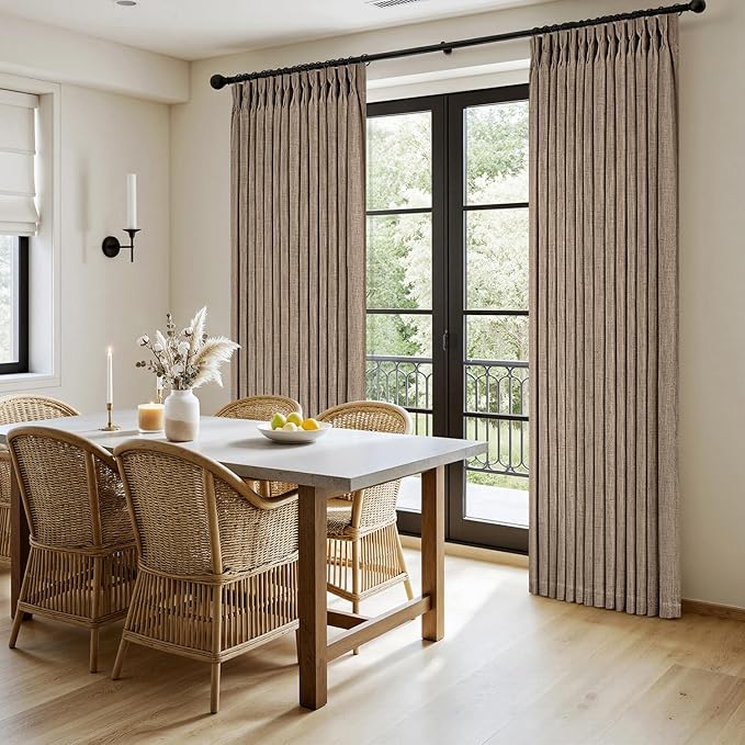 MIULEE Pinch Pleated Thick Linen Curtains 96 Inches Long 2 Panels for Living Room Bedroom, Linen Memory Trained Drapes Back Tab Light Filtering Country Farmhouse Burlap Brown Curtains with Hooks