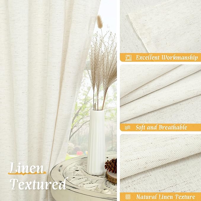 LAMIT Cream Linen Curtains 54 Inch Length 2 Panels, Light Filtering Faux Linen Textured Panels Rod Pocket Neutral Privacy Drapes for Window/Loft Room/Bedroom, 42 x 54 Inch