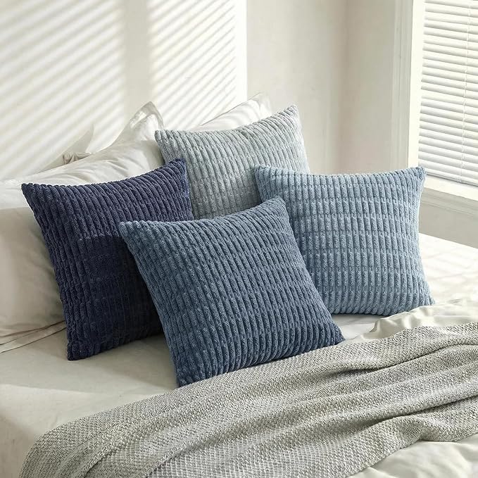 Fancy Homi Set of 4 Blue Decorative Throw Pillow Covers 14x14 Inch for Couch Bed Chair, Modern Farmhouse Boho Room Decor, Soft Fuzzy Corduroy Textured Striped Coastal Blue Cushion Case 35cm