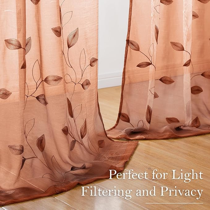 HOMEIDEAS Fall Burnt Orange Sheer Curtains 96 Inches Long 2 Panels Embroidered Floral Pattern Semi Sheer Window Curtains for Bedroom Living Room