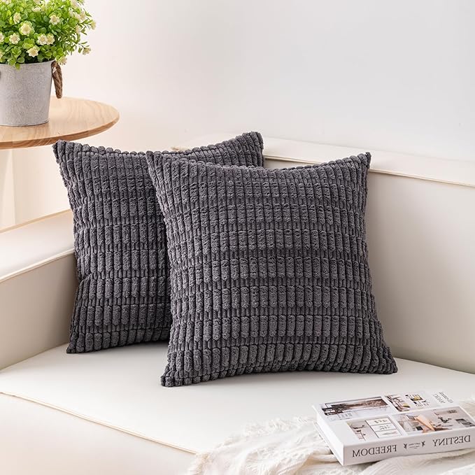 Pack of 2 Corduroy Decorative Throw Pillow Covers 20x20 InchSoft Striped Pillow Covers Modern Farmhouse Home Decor for Sofa Living Room Couch Bed（Dark Grey）