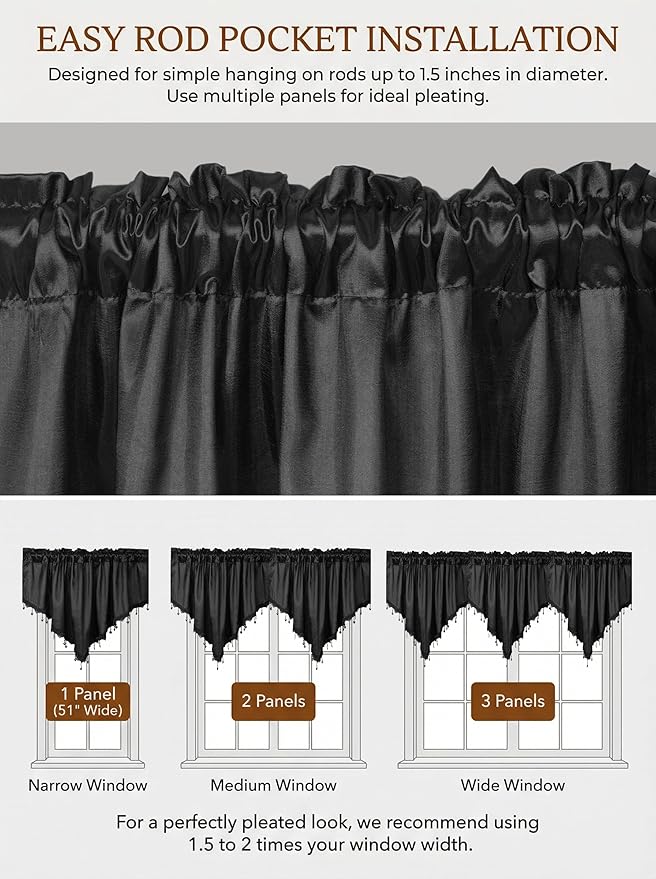Molaxhome Swag Curtain 51 inch Length Rod Pocket Scalloped Curtain Valance Sheer Lace Panels with Hanging Crystal Beads for Kitchen Bedroom Window Treatments Drape Decor 1pc (Cloth Black, 51Wx23L)