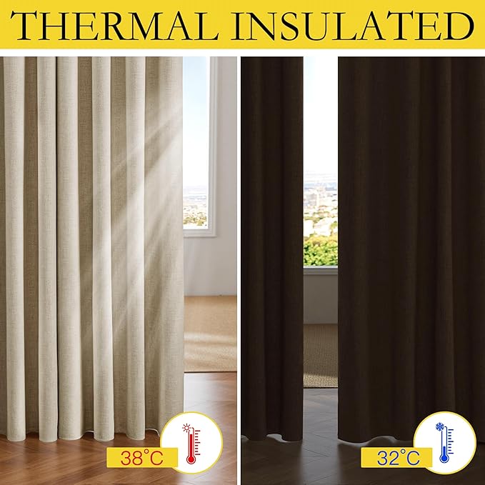 NICETOWN Cream 100% Blackout Linen Curtains 95 inch Long Burg for Living Room, 1 Pair, 62" Width Each Panel, Farmhouse Thick Completely Blackout Window Treatment Thermal Insulated Drapes