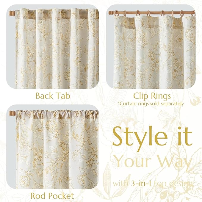jinchan Floral Curtains 90 Inch Length Mustard Yellow Flower Linen Farmhouse Curtain for Living Room French Country Vintage Curtain Rod Pocket Curtains Set 2 Panels Floral Printed