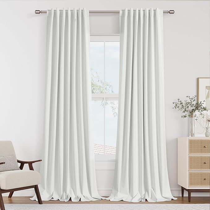 Guken 100% Blackout Linen Curtains 112 Inch Wide by 52 Inch 2 Panels Set for Living Room Bedroom Back Tab Thermal Insulated Black Out Linen Drapes Room Darkening Window Curtains
