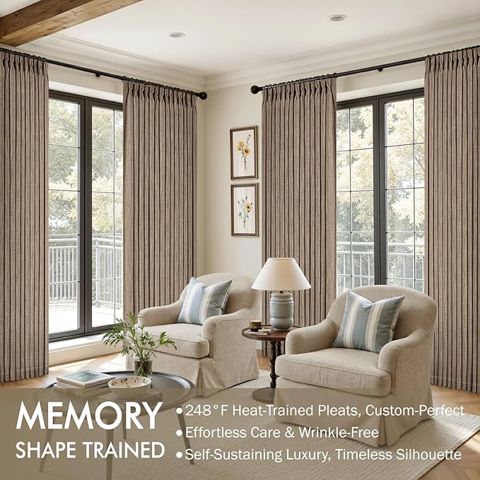 MIULEE Pinch Pleated Thick Linen Curtains 108 Inches Long 2 Panels for Living Room Bedroom, Linen Textured Drapes Back Tab Country Farmhouse Brown Tan Burlap Foor to Ceiling Curtains with Hooks&Rings