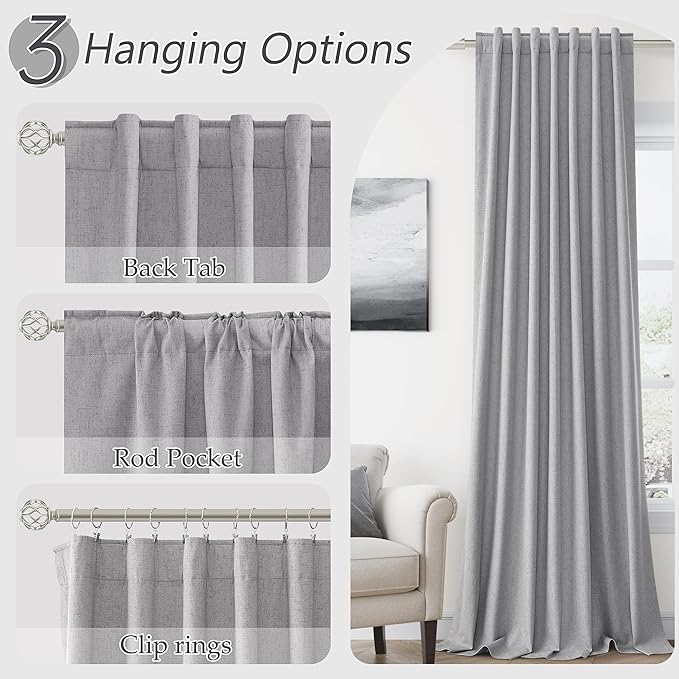Guken Grey 100% Blackout Curtains 63 Inch Length 2 Panels Set for Living Room Bedroom Back Tab Thermal Insulated Black Out Linen Drapes Room Darkening Window Curtains 63 Inches Long