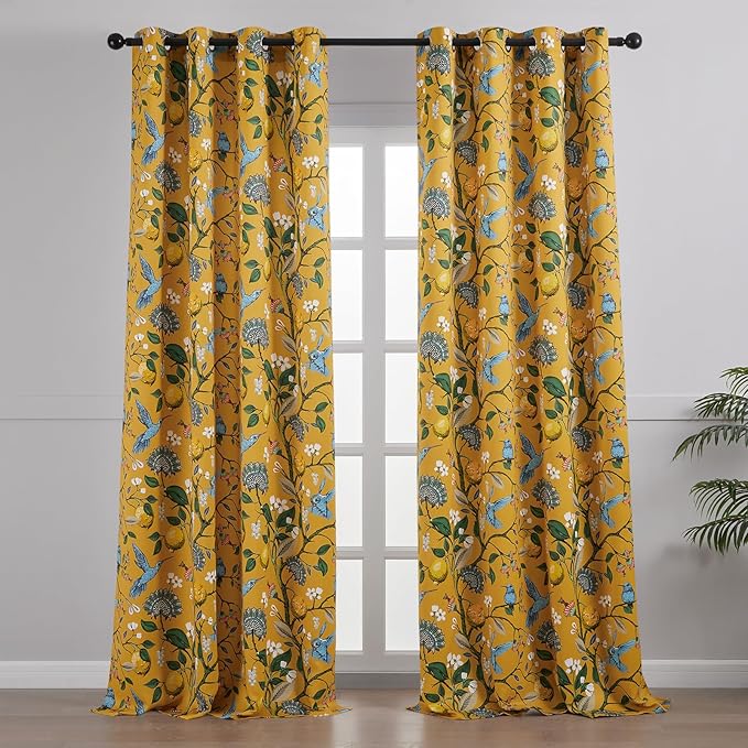 94 Inches Long Custom Satin Window Treatments,Retro Art Deco Floral Hummingbird Patterned Pretty Elegant Mustard Yellow Light Blocking Grommet Curtains Two Pages Curtains for Bedroom Playroom Room