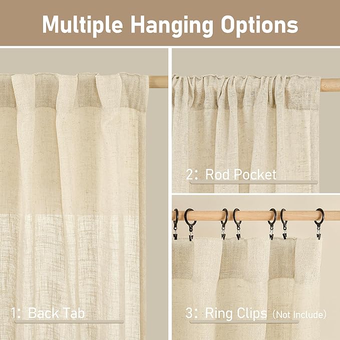 LAMIT Extra Wide Linen Curtains for Bedroom, Light Filtering Faux Linen Textured Panels Semi Sheer Back Tab and Rod Pocket Boho Drapes for Living Room, Beige, 2 Panels, 70 x 84 Inch