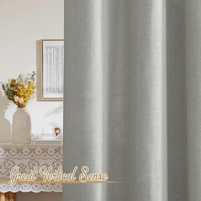 NICETOWN Linen Gray Curtains for Bedroom, Rod Pocket & Back Tab Flax Linen Burlap Semi Sheer Eclectic Window Treatments Privacy with Light Filtering for Boys Room/Living Room, W52 x L95
