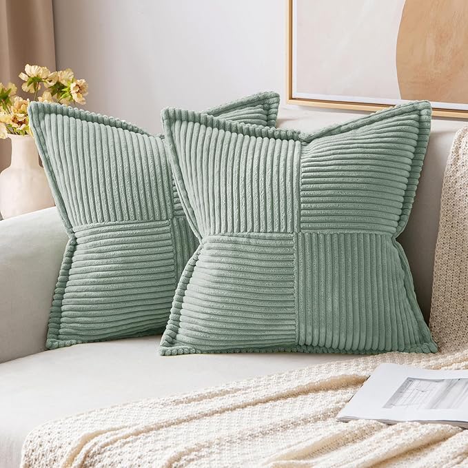 MIULEE Spring Decorative Throw Pillow Covers for Couch Bed Livingroom 18x18 Inch Set of 2 Greyish Green Boho Accent Throw Pllows Broadside Striped Patchwork Soft Corduroy Summer Pillowcases