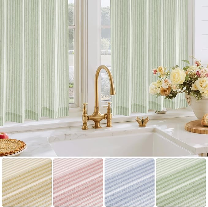 RYB HOME Linen Kitchen Striped Curtains for Cafe Bathroom Small Window, Short Pinstripe Drapes 36 inch Length Half Curtains for Living Room Boho Rustic Farmhouse, Sage Green, W26 x L36, 2 Panels
