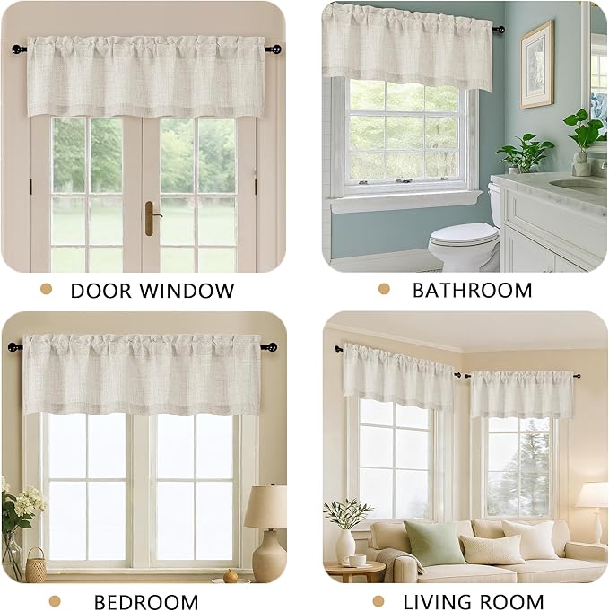 OVZME Natural Valance for Windows, Light Filtering Faux Linen Textured Small Kitchen Valances for Windows, Dual Rod Pocket Farmhouse Short Curtain for Bathroom Basement, 60Wx22L inch, 1 Piece