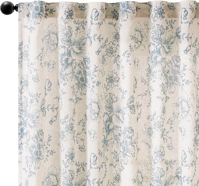 jinchan Linen Blend Curtain Floral Curtains for Living Room 84 Inch Length Blue Printed Curtain Rod Pocket Back Tab Farmhouse Peony Flower Patterned Drapes Bedroom Window Curtains Set 2 Panels