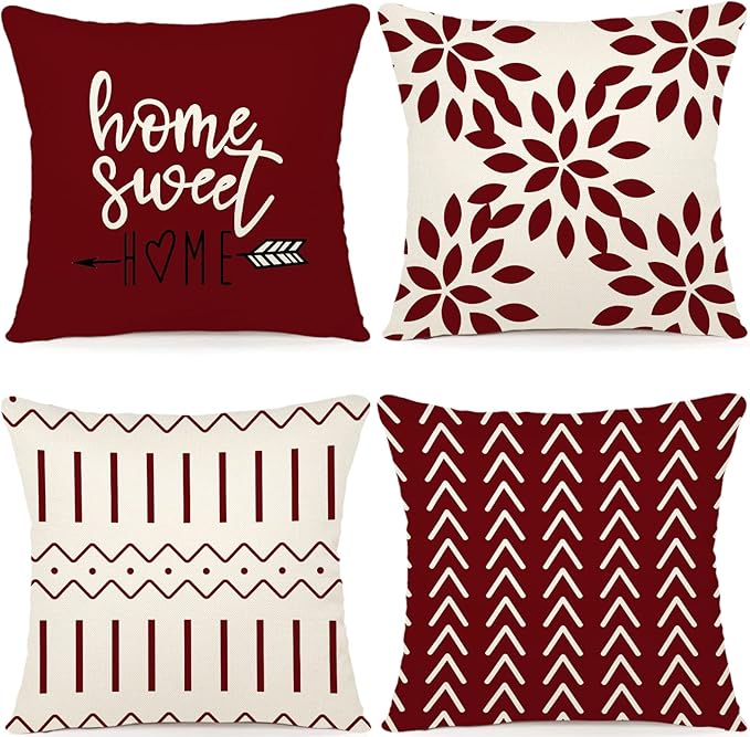 YCOLL Christmas Pillow Covers 22x22 Set of 4, Modern Sofa Throw Pillow Cover for Christmas Decor, Decorative Outdoor Linen Fabric Pillow Case for Couch Bed Car, Wine Red